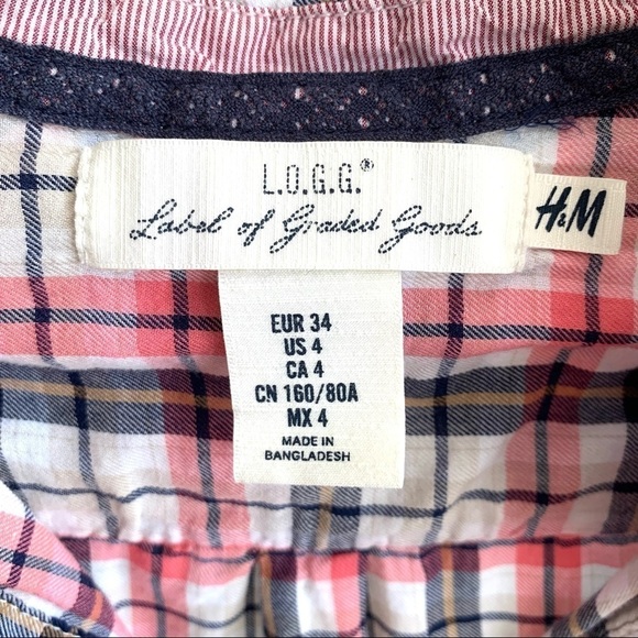 H&M Button Up Pop Over Flannel Navy & Pink Plaid Long Sleeves size 4 - Picture 7 of 9